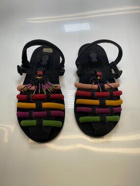 Farm Rio Womens Black Beaded Rainbow Tube Sandals Sz 10